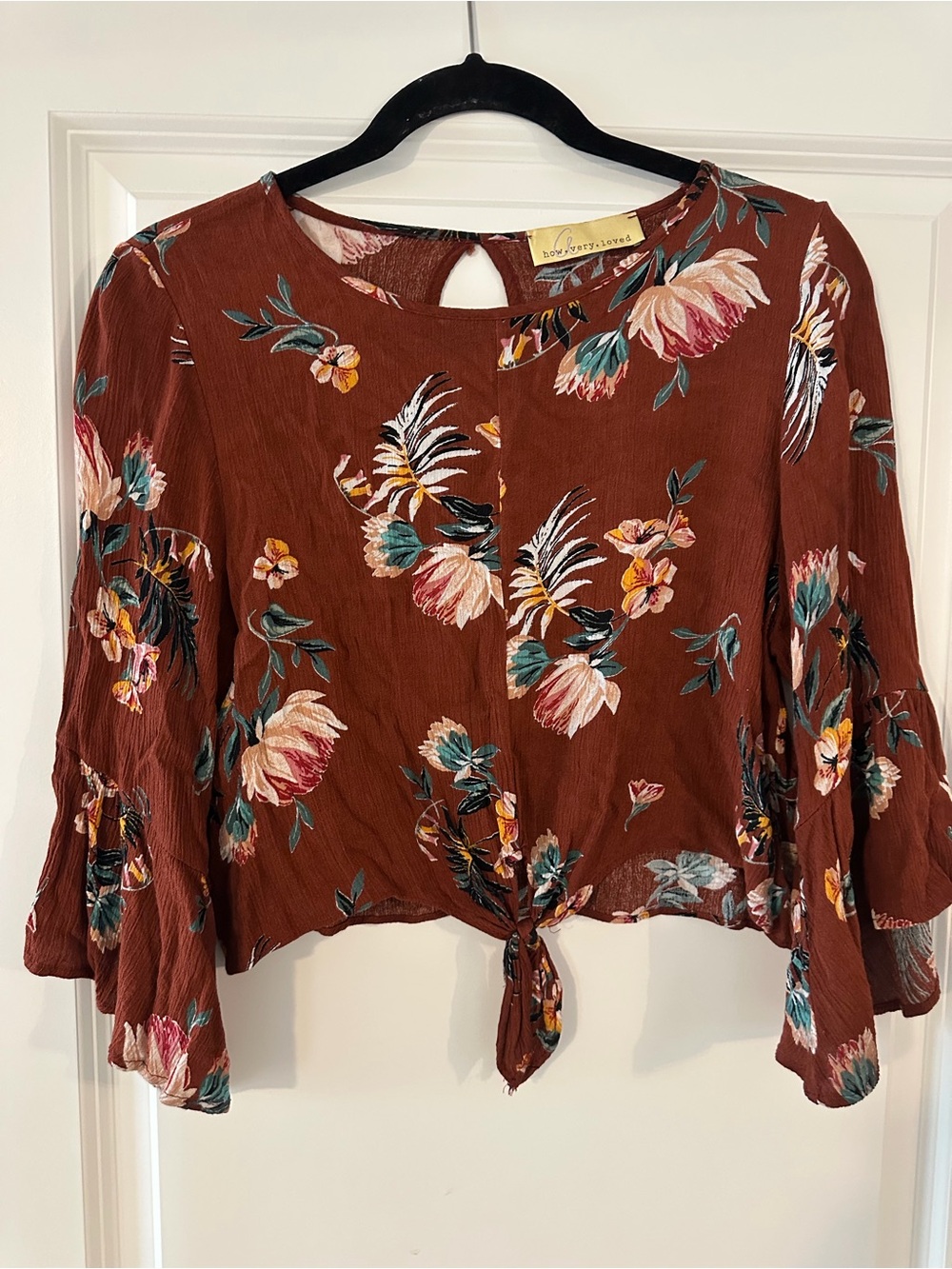 Boho Floral Tie-Front Crop Top - Rust